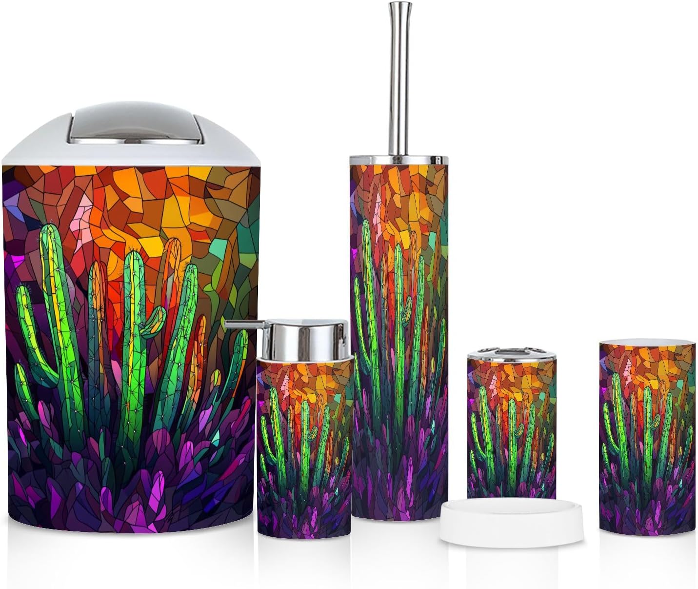 Modern Stained Glass Neon Cacti Bathroom Accessories Set