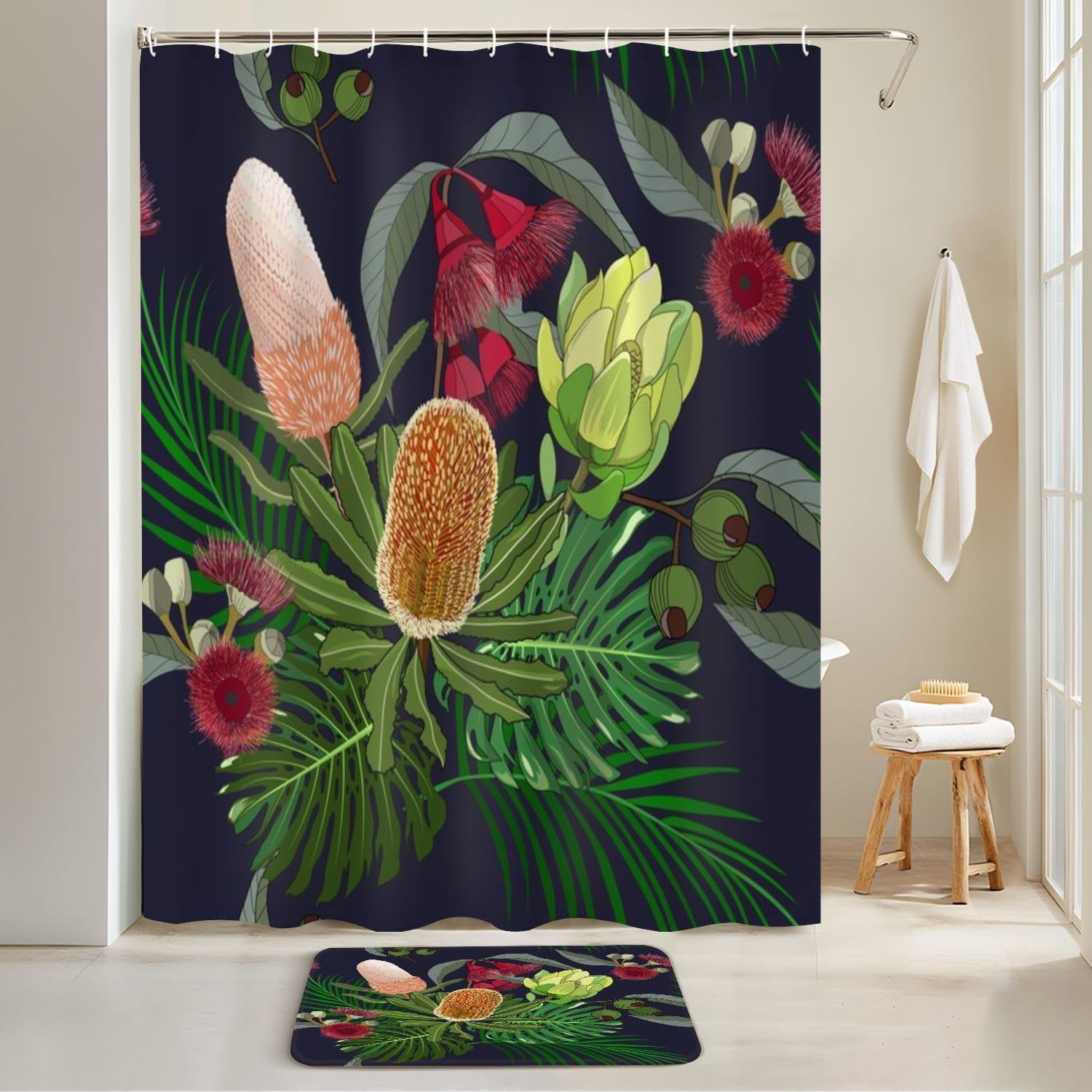 4 Pieces Shower Curtain Set with Rugs and Toilet Lid Cover