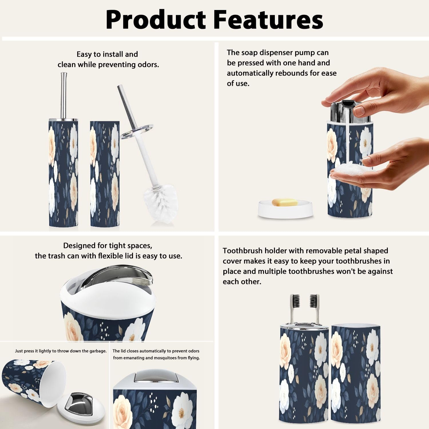 Boho Bathroom Accessory Set 6 Piece Blue Navy White