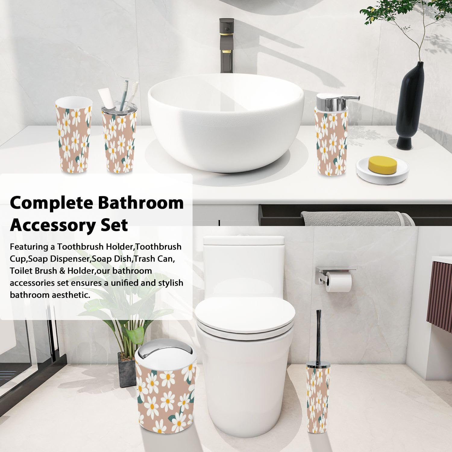 Boho Daisy Trash Can Bathroom Accessories Set 6 Piece