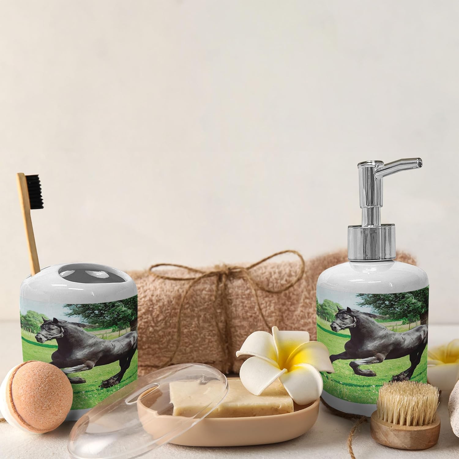 Ambesonne Horses Soap Dispenser Toothbrush Holder Set 2 Pcs Black Green 1