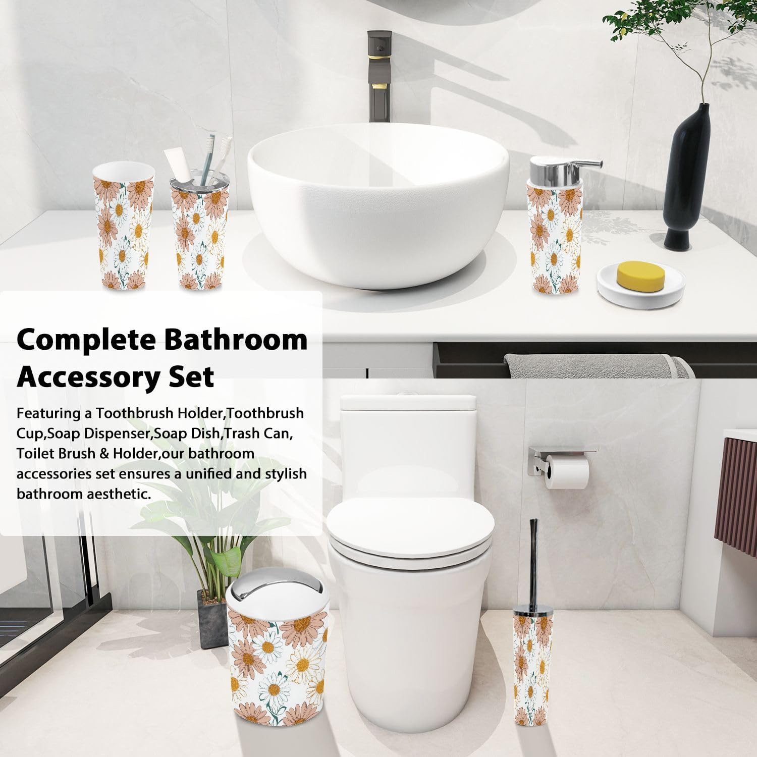Boho Bathroom Accessory Set 6 Piece Chamomile Design