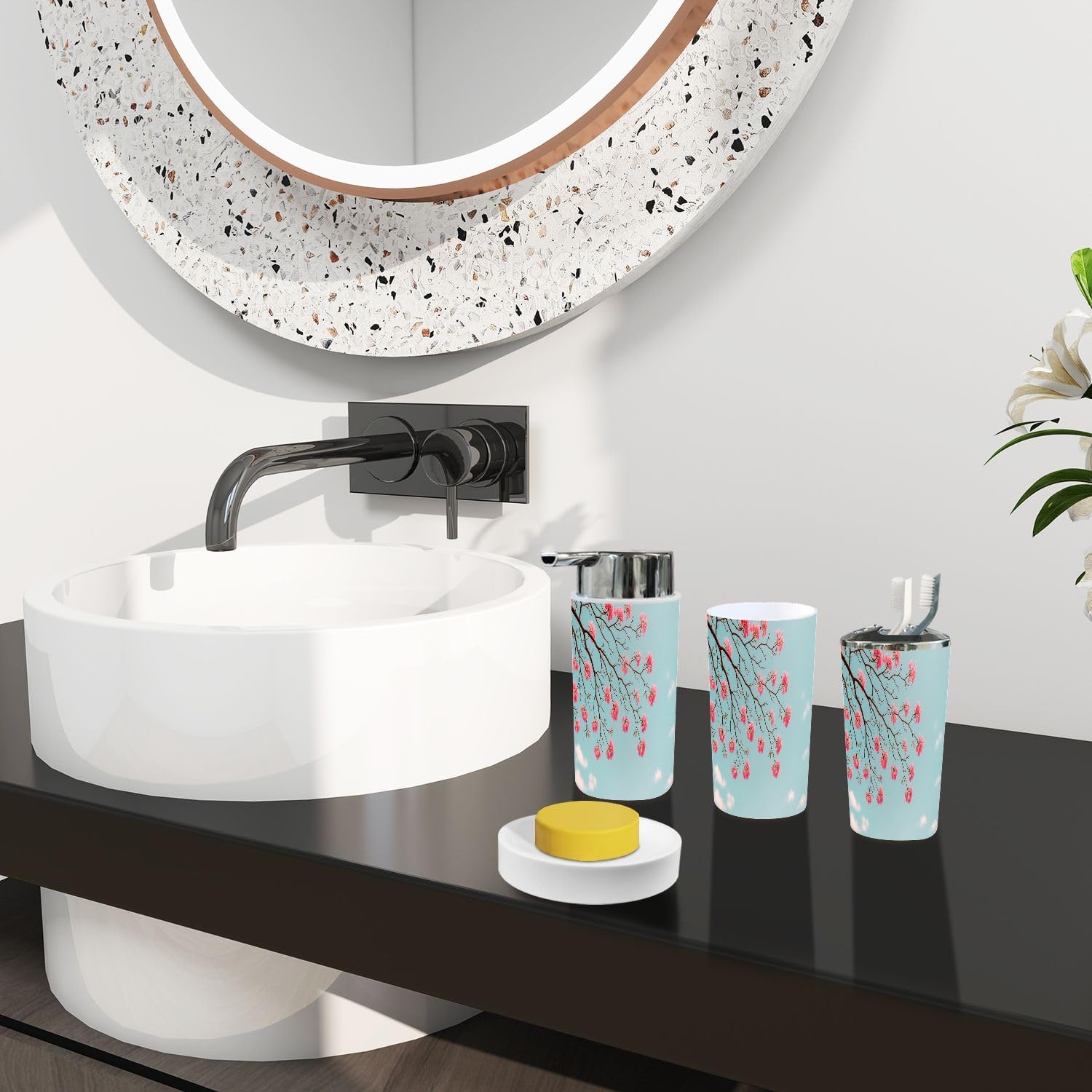 Boho Cherry Blossom Bathroom Accessory Set of 6