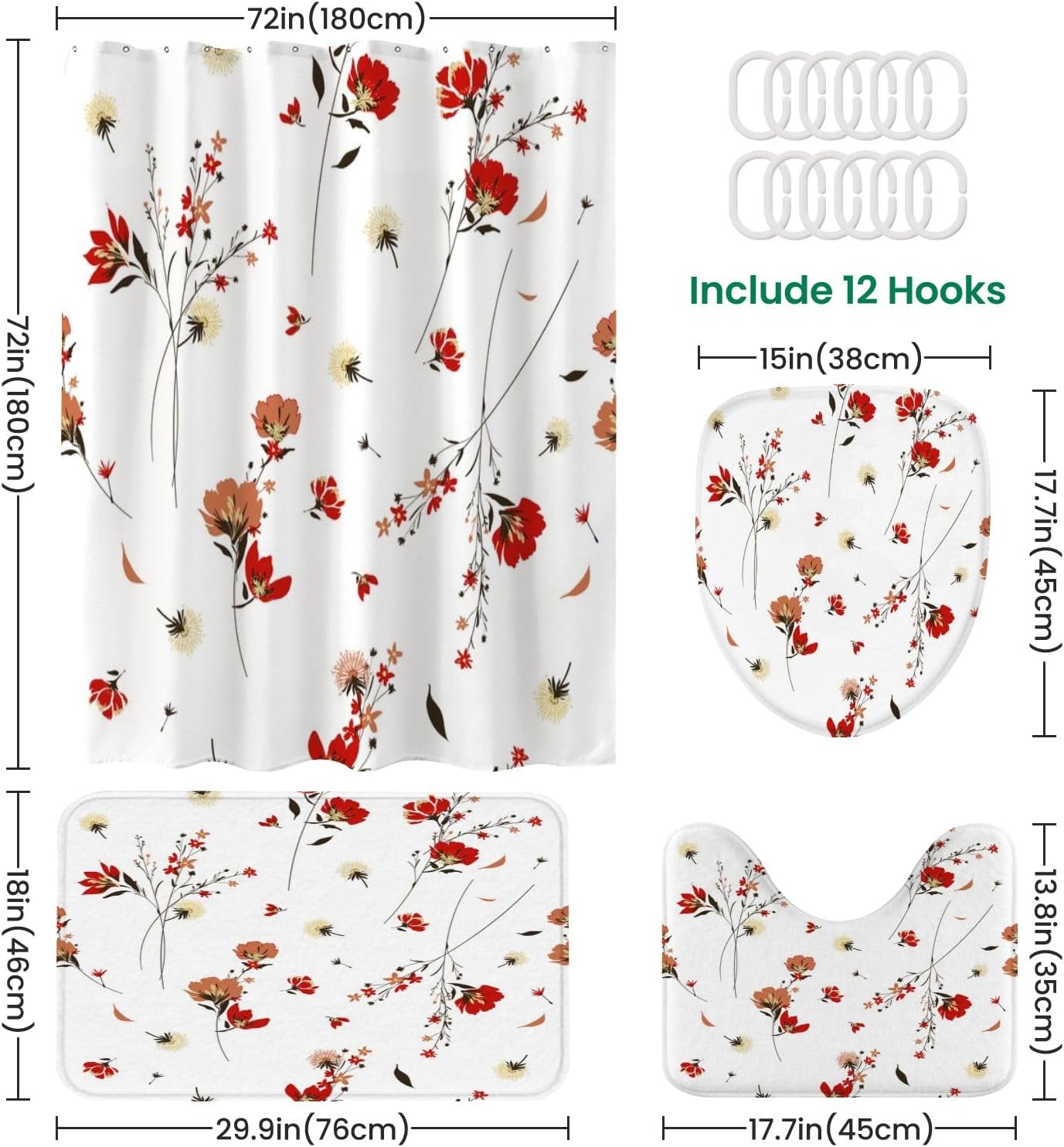 4-Piece Shower Curtain Set with Retro Wild Flowers Pattern