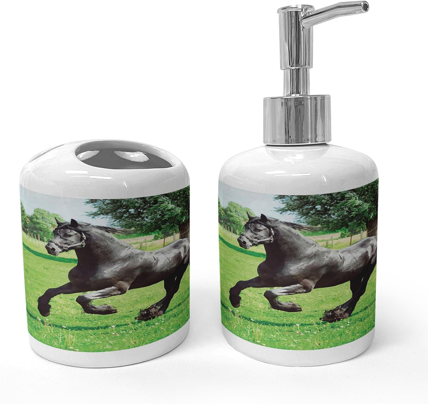 Ambesonne Horses Soap Dispenser Toothbrush Holder Set 2 Pcs Black Green 1