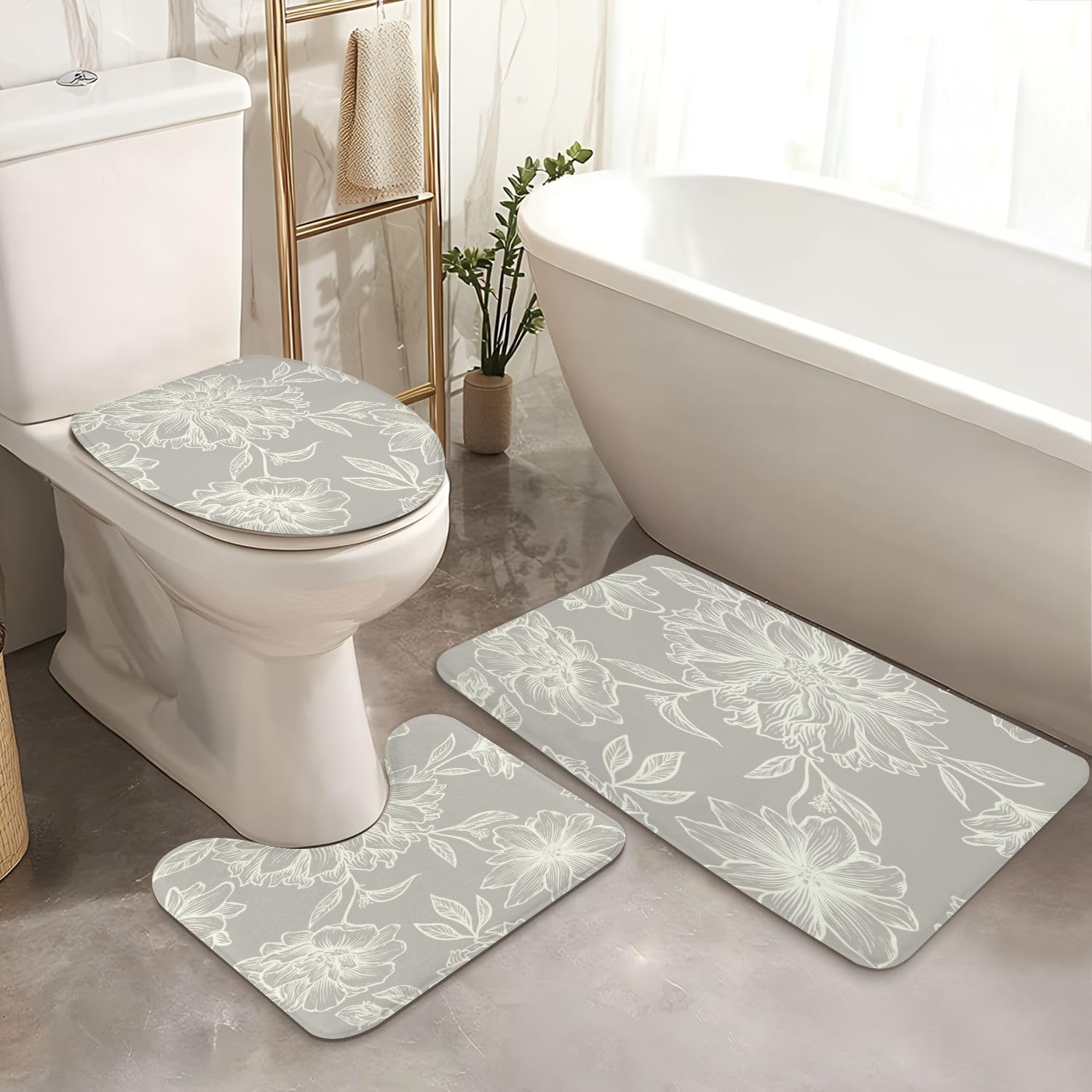 4 Piece Shower Curtain Set with Retro Floral Pattern