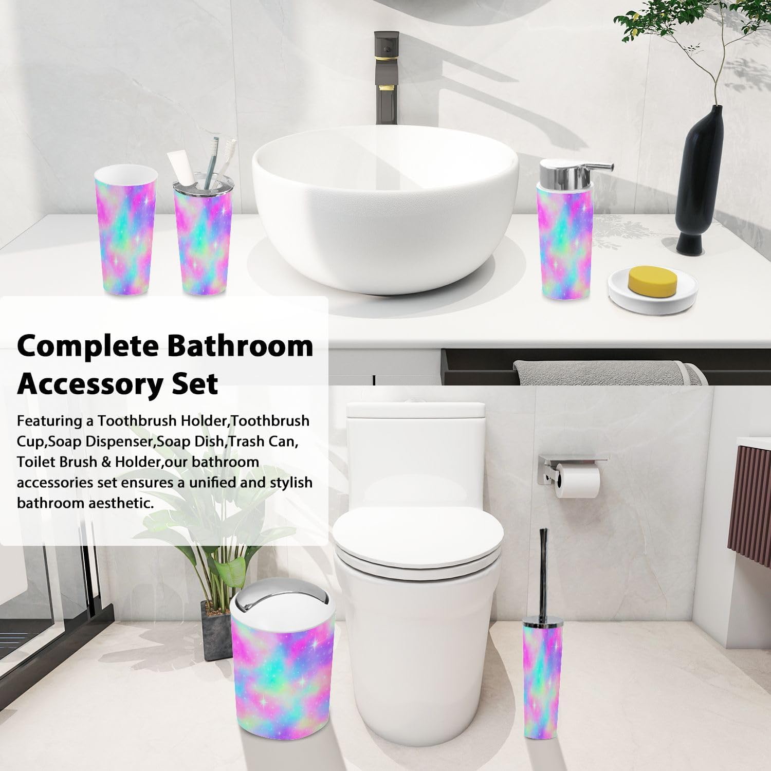 Boho Rainbow Bathroom Accessory Set 6 Piece 1