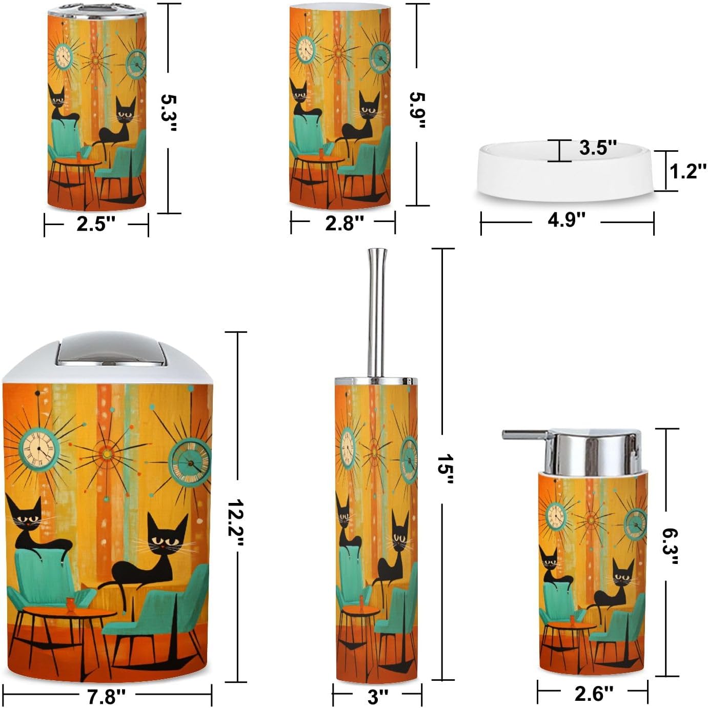 Retro Cats Bathroom Accessories Set 6 Piece 1