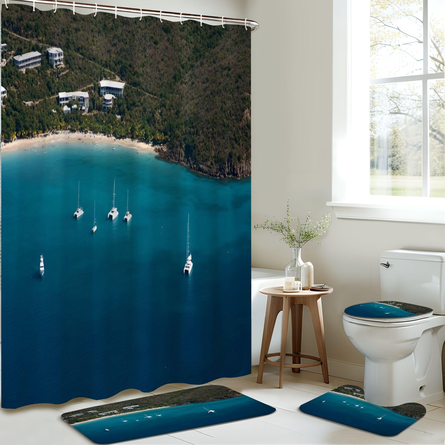 4 Piece Shower Curtain Set with Non-Slip Mats 1