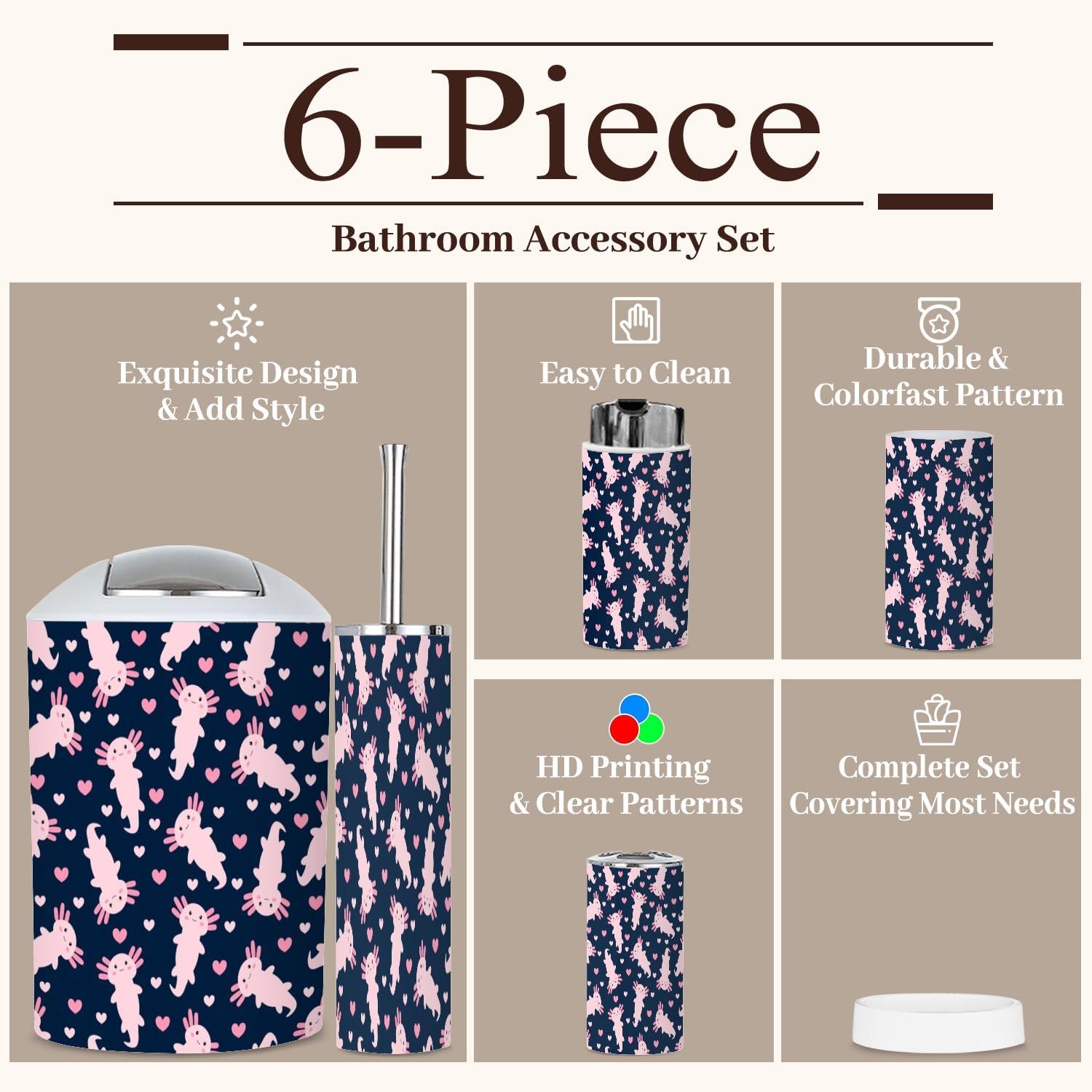 6 Piece Axolotl Bathroom Accessories Set 1
