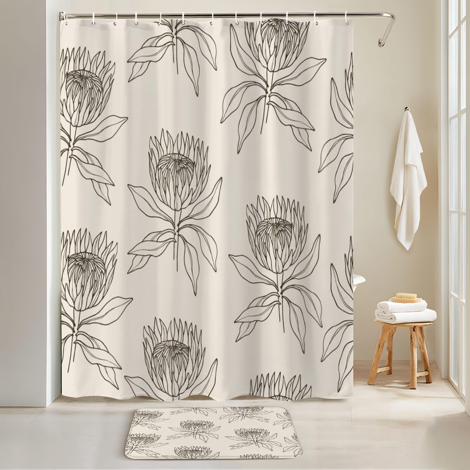 JCOOKLOFTS 4-Piece Shower Curtain Set with Mats