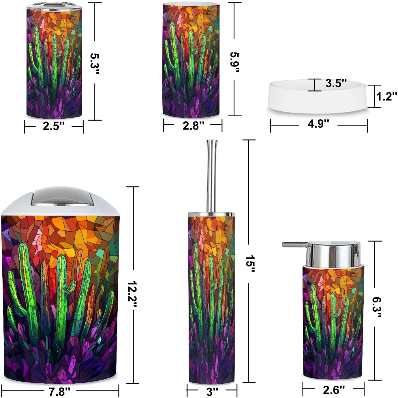 Modern Stained Glass Neon Cacti Bathroom Accessories Set