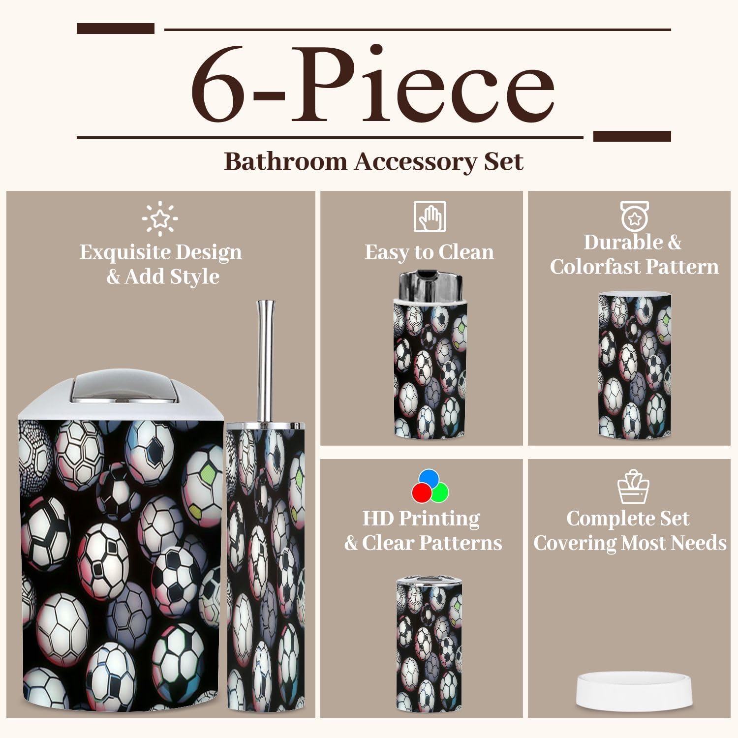6 Piece Boho Bathroom Accessories Set with Soccer Ball Design