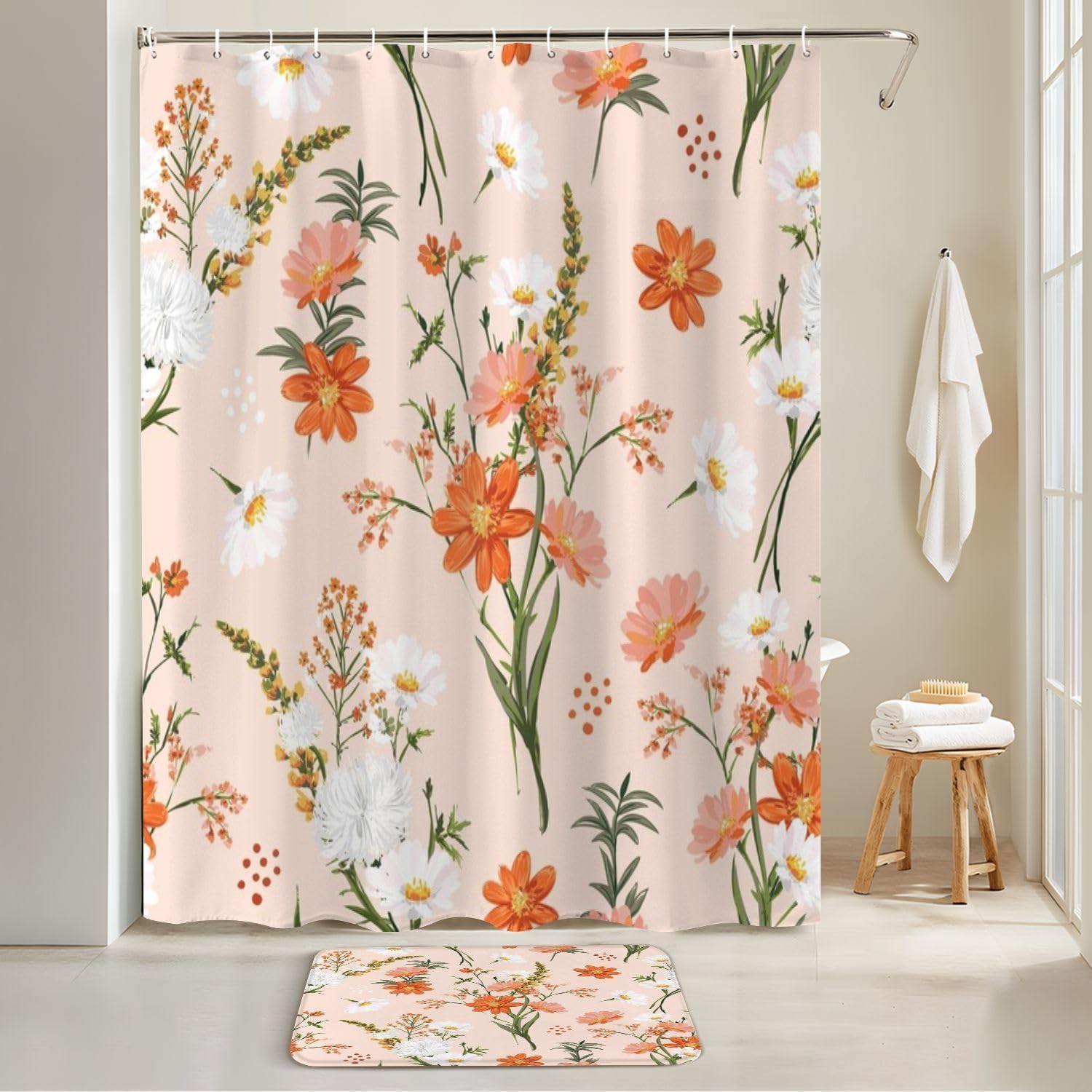 JCOOKLOFTS 4-Piece Shower Curtain Set with Rugs and Mats