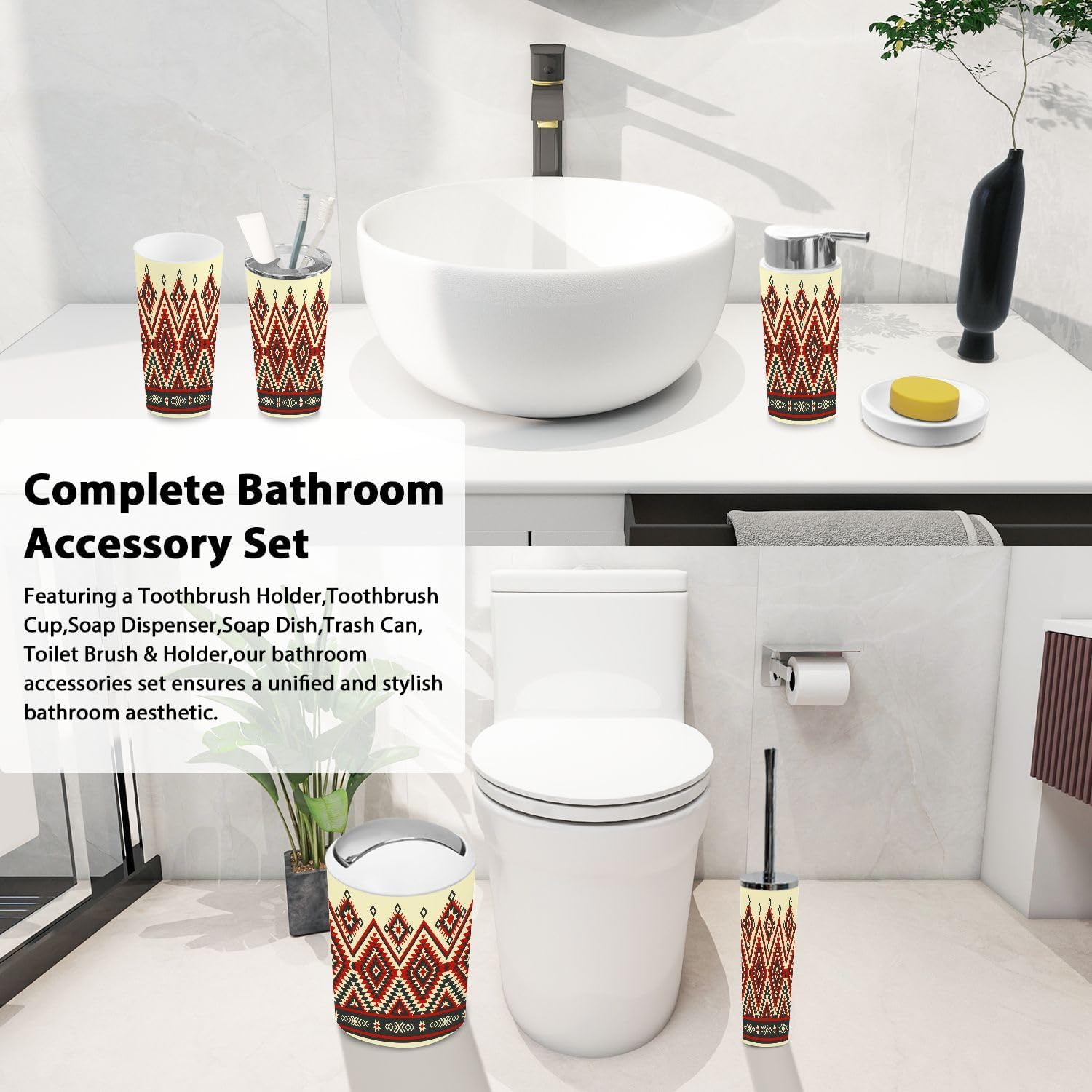 Boho Bathroom Accessory Set 6 Piece Native American Design