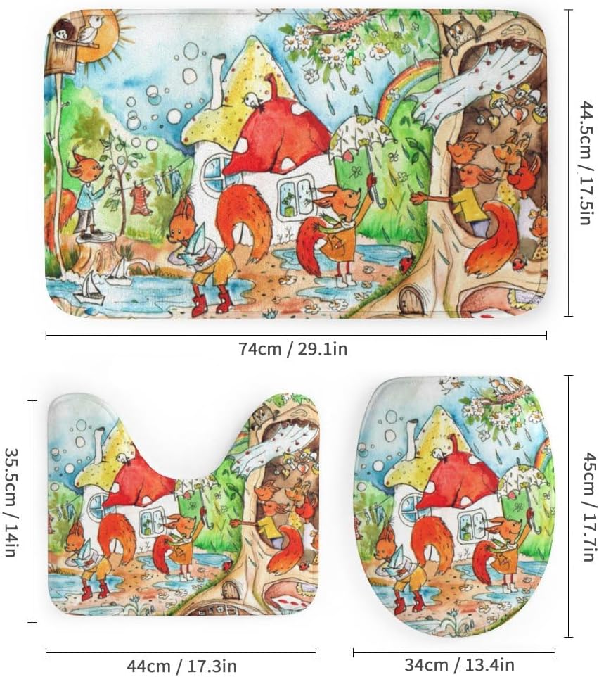 Kuizee Forest Animals Shower Curtain Set with 4 Bath Rugs
