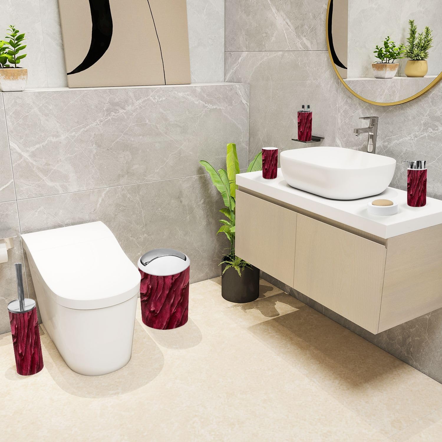 6 Piece Red Burgundy Bathroom Accessories Set