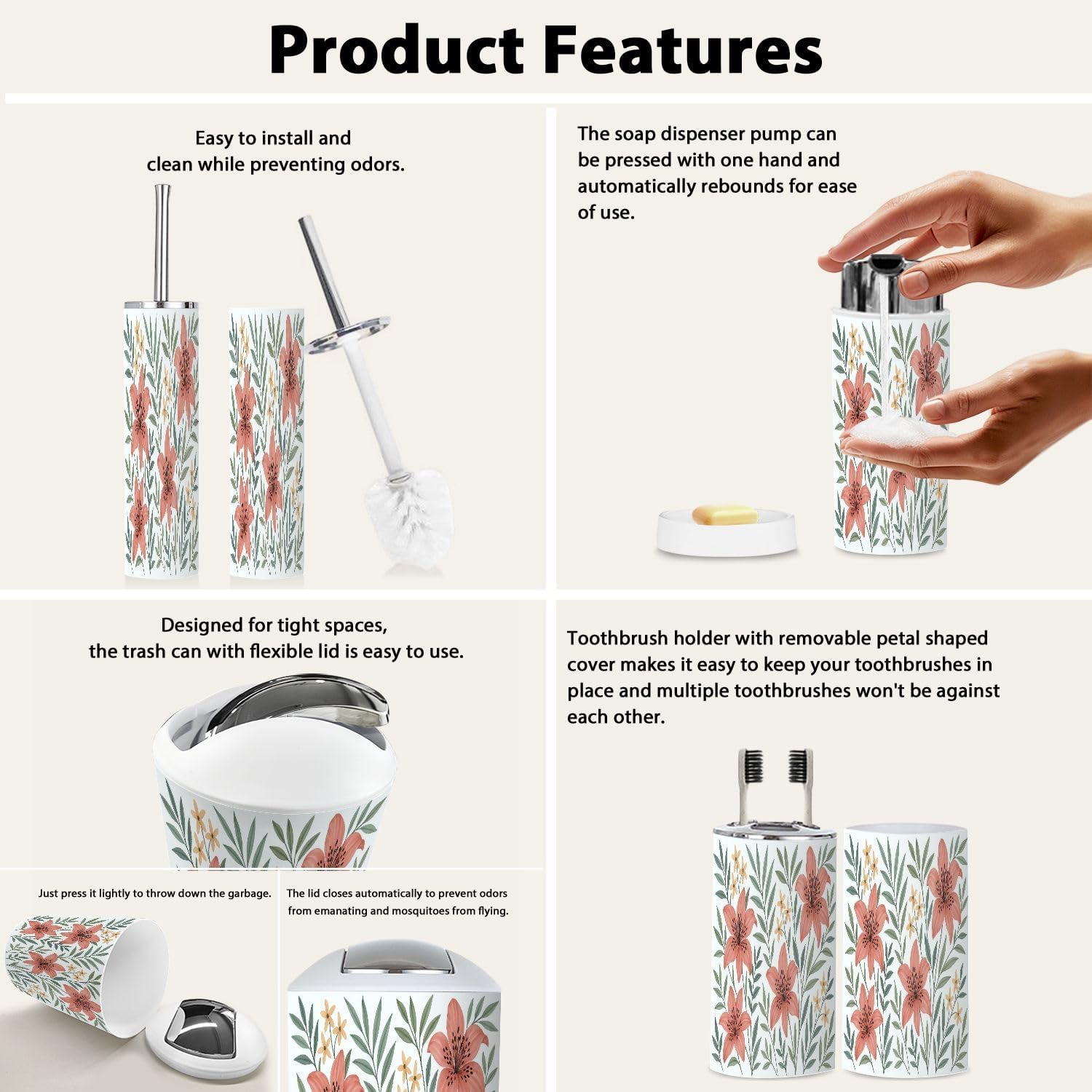 Boho Floral Bathroom Accessory Set 6 Piece 1