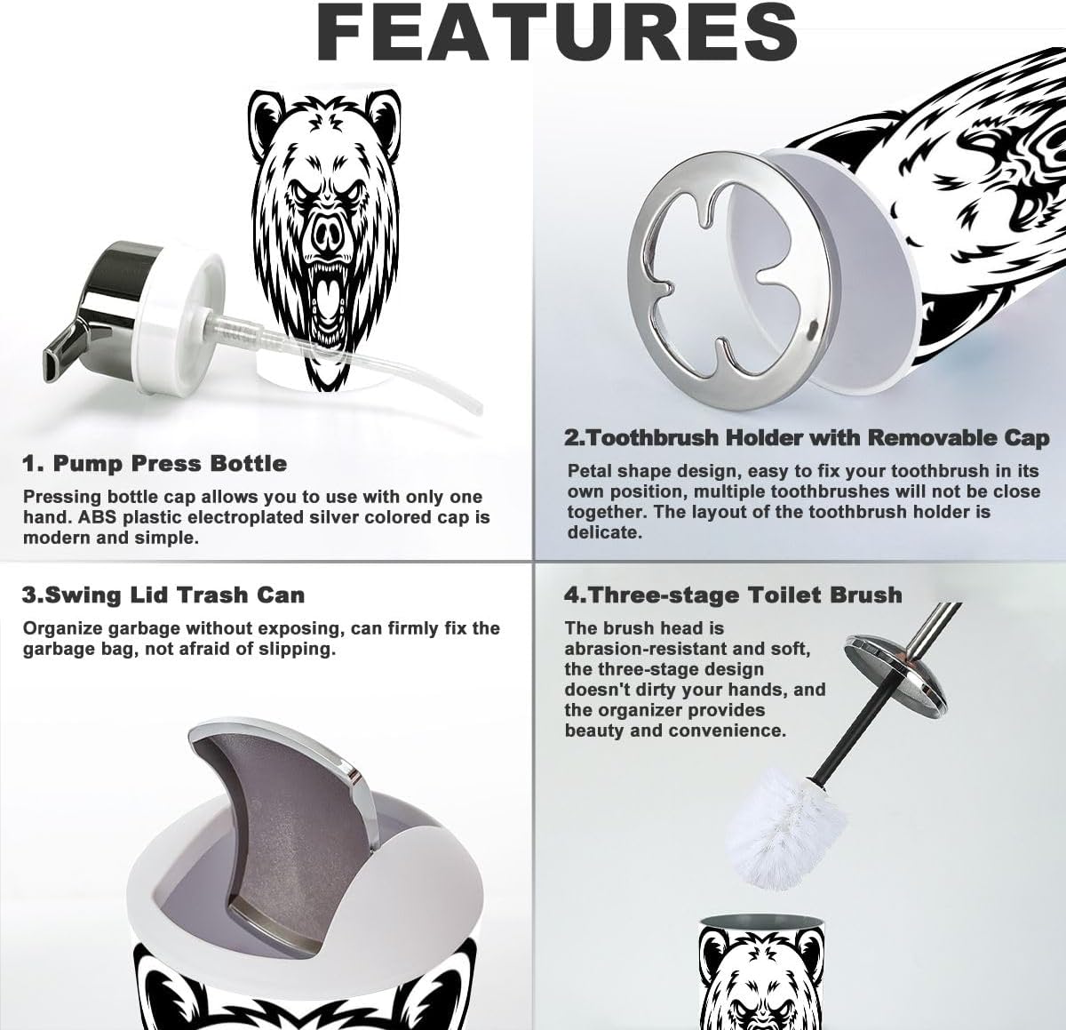 6 Pcs Cartoon Angry Grizzly Bear Bathroom Accessories Set