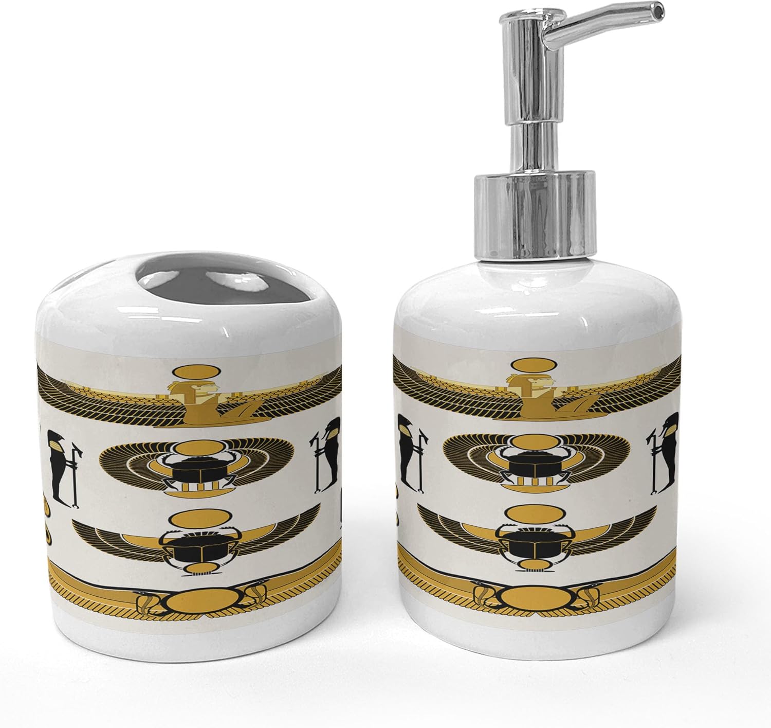 Ambesonne Egyptian Print Soap Toothbrush Holder Set 2 Pcs Yellow Black