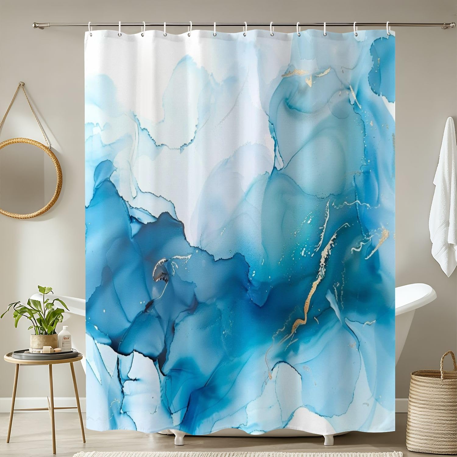 4-Piece Shower Curtain Set with Rugs and Mats Cyan Blue Pattern