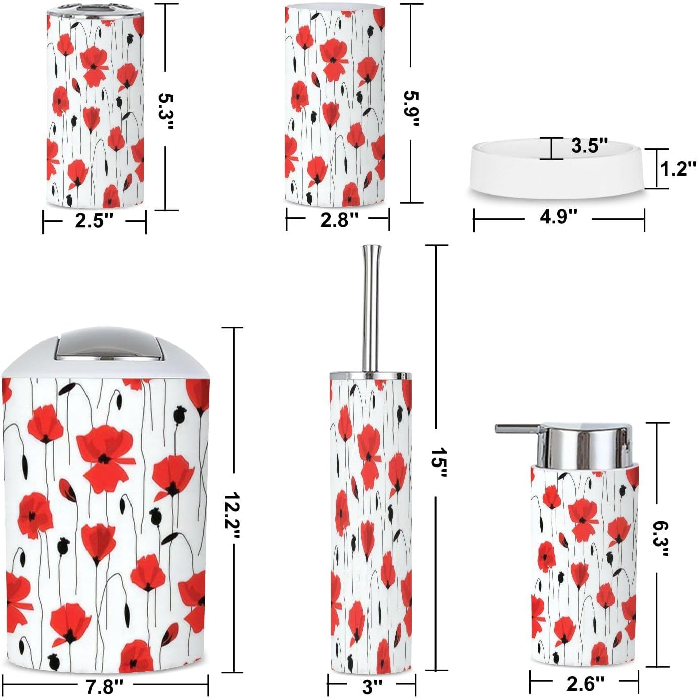 6 Piece Red Flower Bathroom Accessories Set