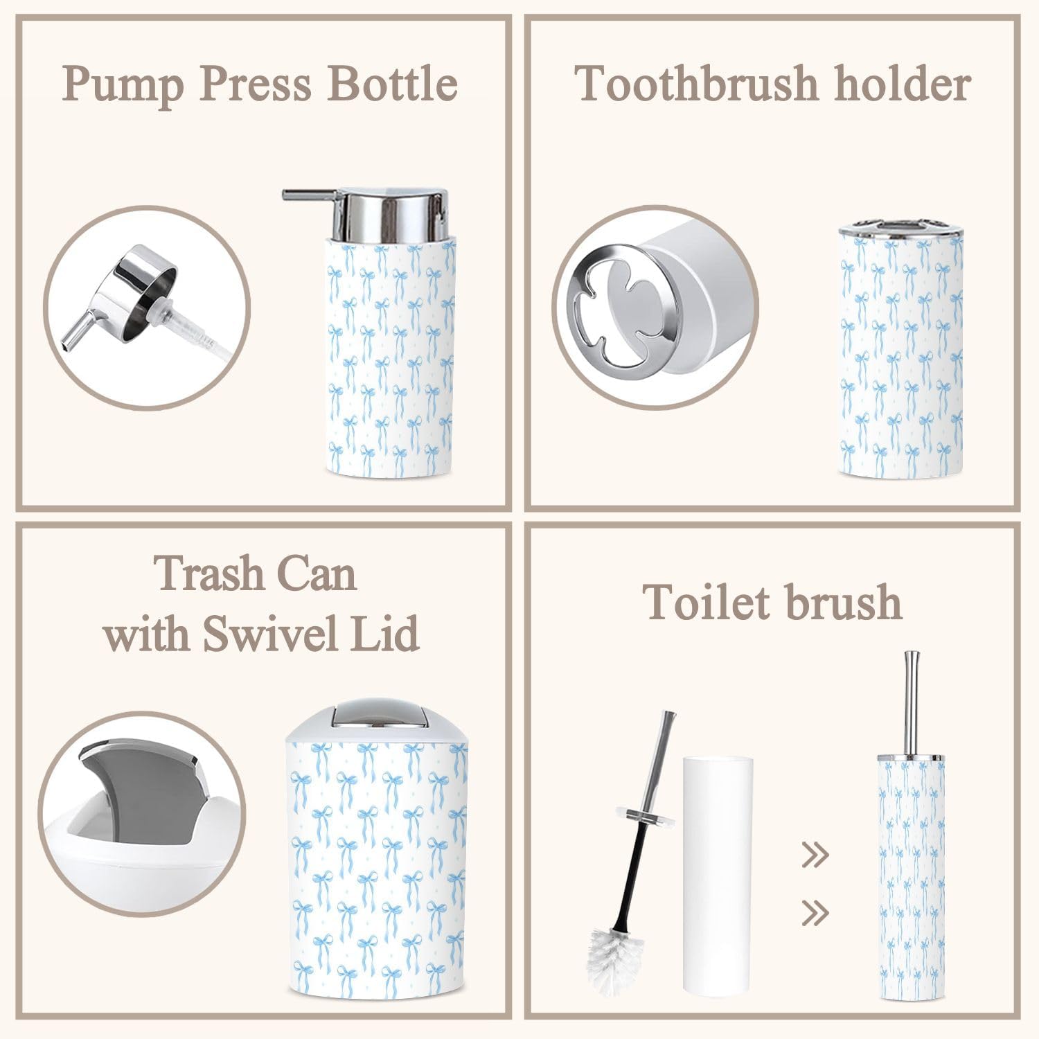 Coquette 6-Piece Bathroom Accessories Set with Blue Ribbon Bow Design