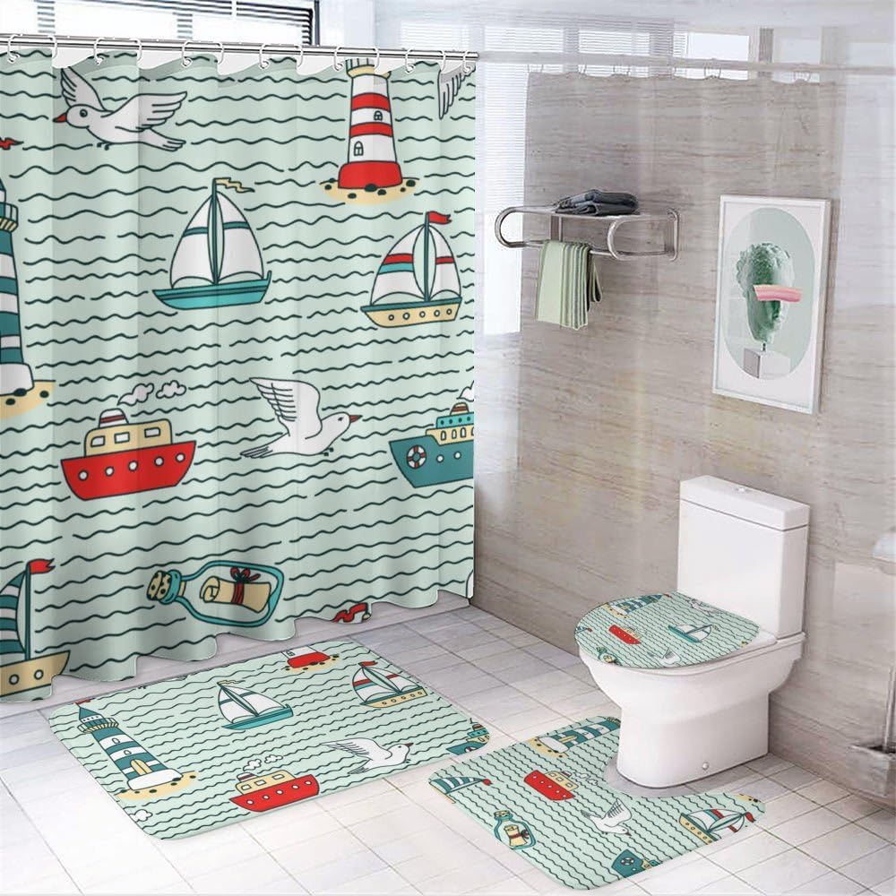 Kuizee 4-Piece Shower Curtain Set with Non-Slip Rugs and Lighthouses Design