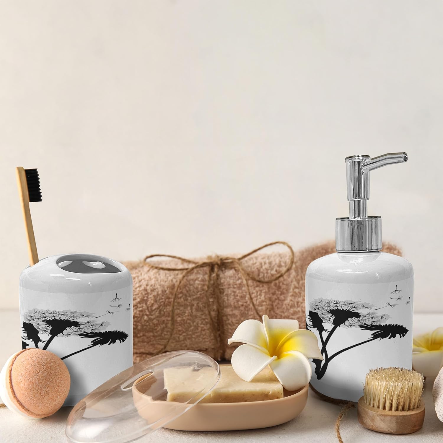 Ambesonne Flower Soap Dispenser and Toothbrush Holder Set 2 Pcs