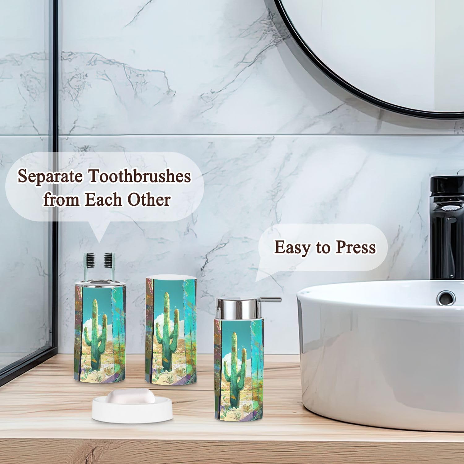 6-Piece Boho Bathroom Accessories Set with Cactus Design