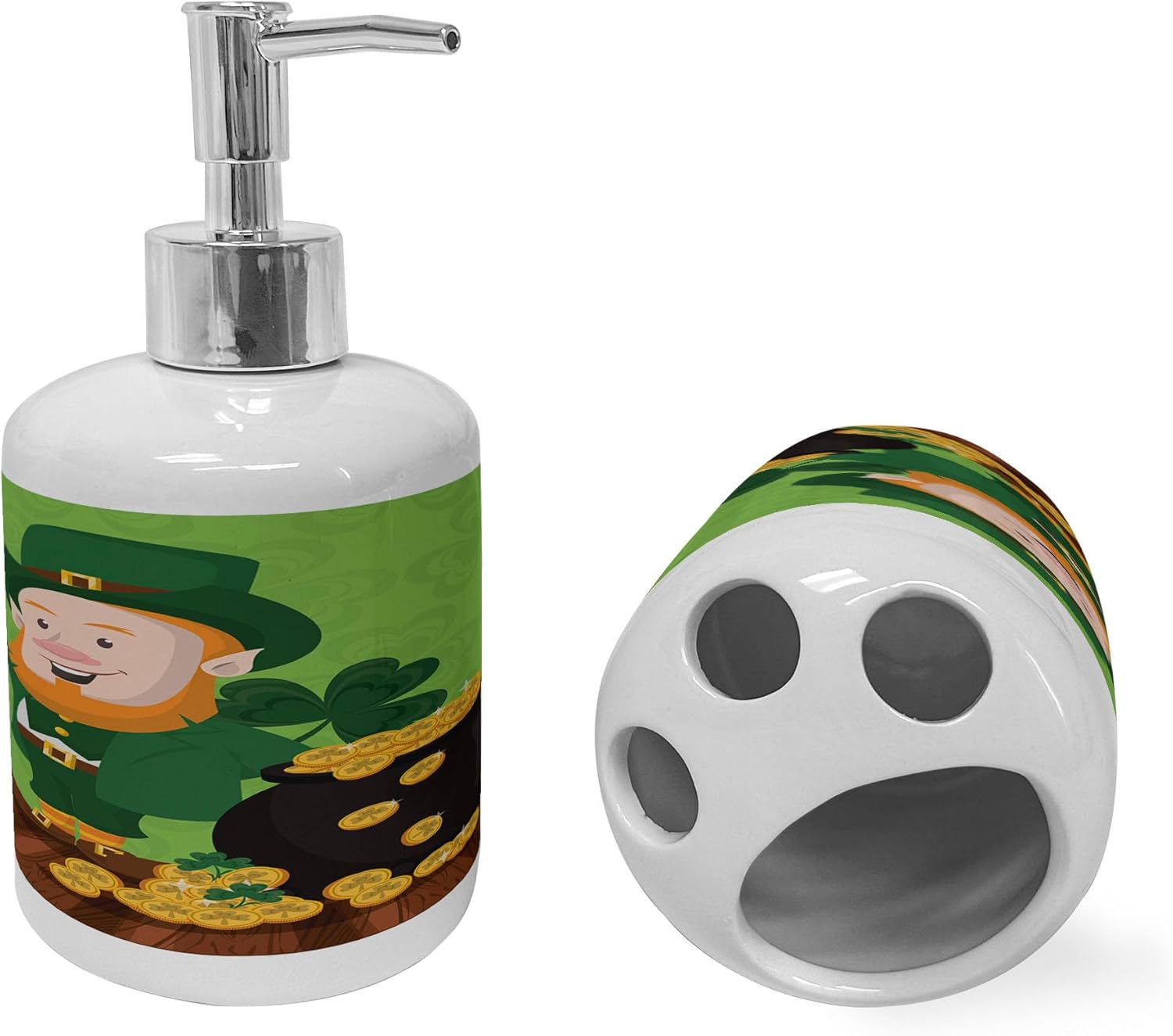 Ambesonne Leprechaun Soap Toothbrush Holder Set 2 Pcs Lime Green Ceramic