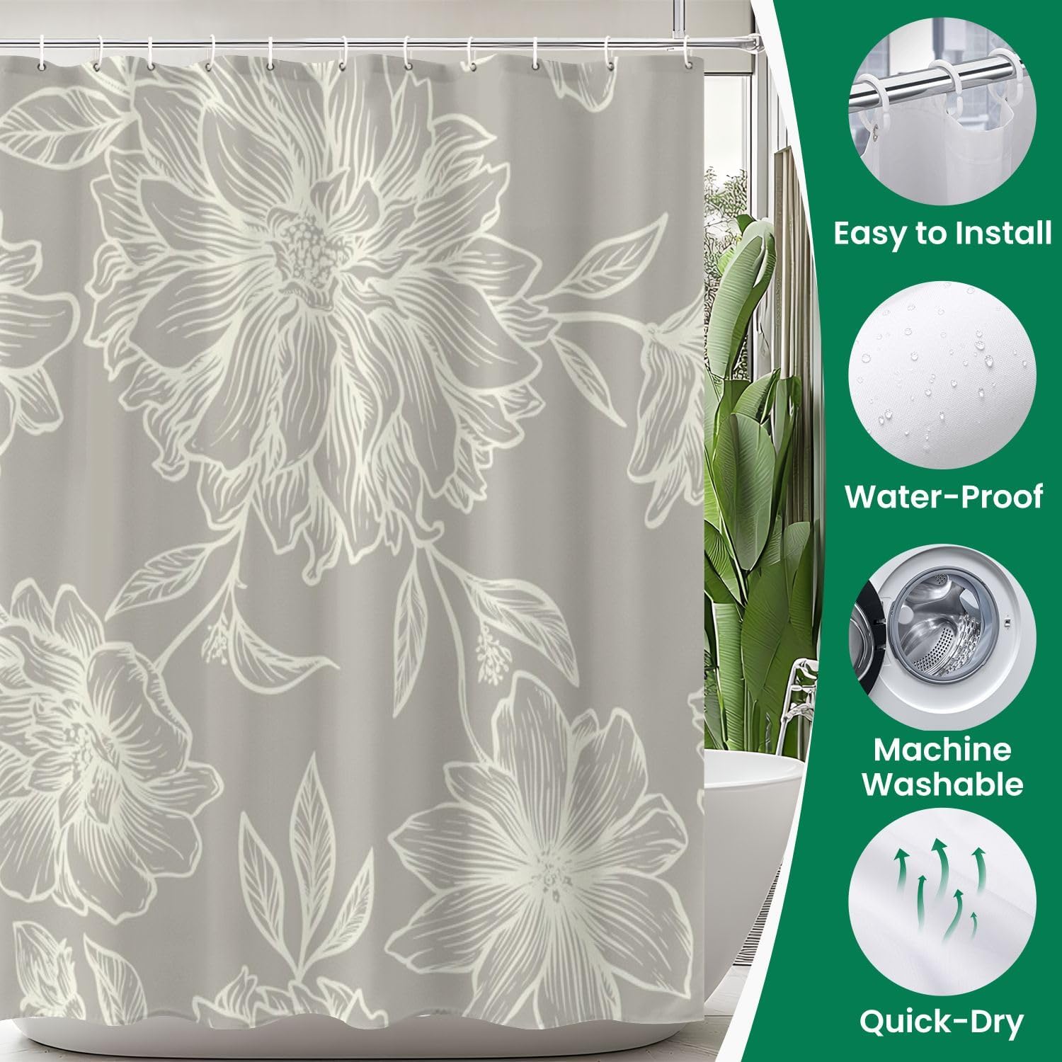 4 Piece Shower Curtain Set with Retro Floral Pattern
