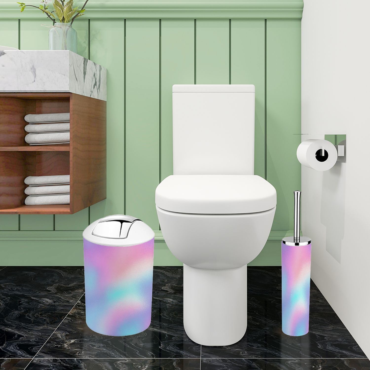 Boho Pastel Iridescent Rainbow Trash Can Set