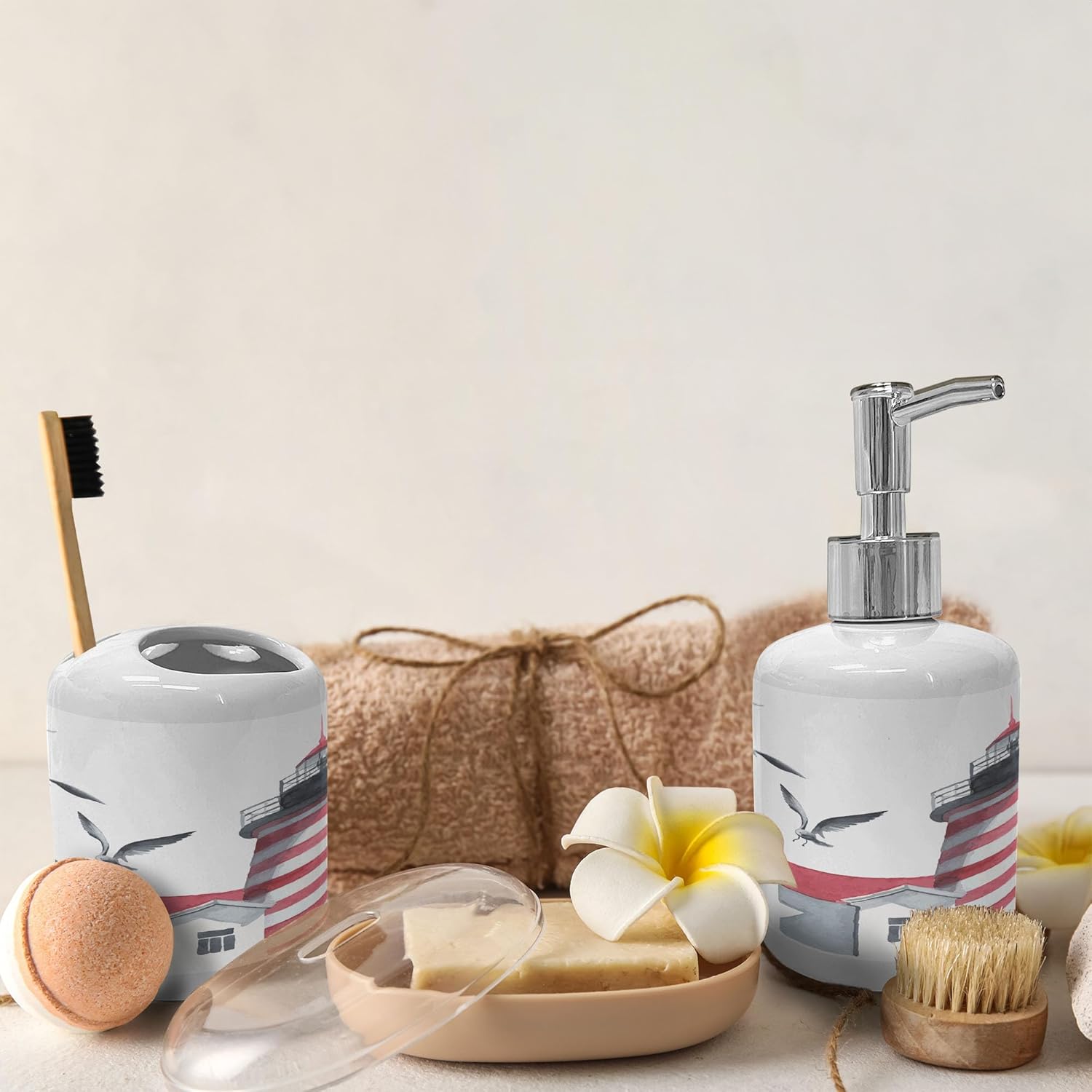 Ambesonne Lighthouse Soap Dispenser Toothbrush Holder Set 2 Pcs Red Grey White