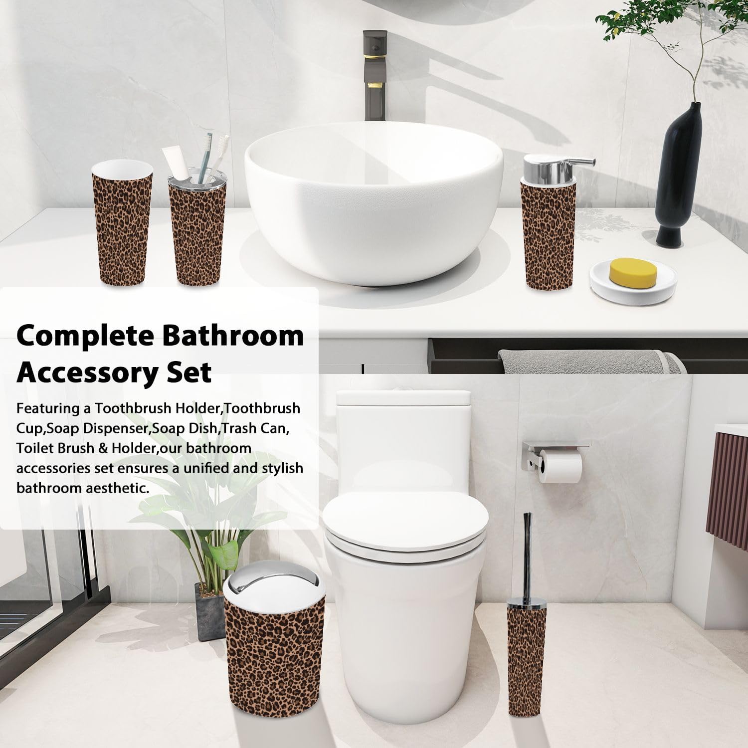 Boho Leopard Print Bathroom Accessory Set 6 Piece