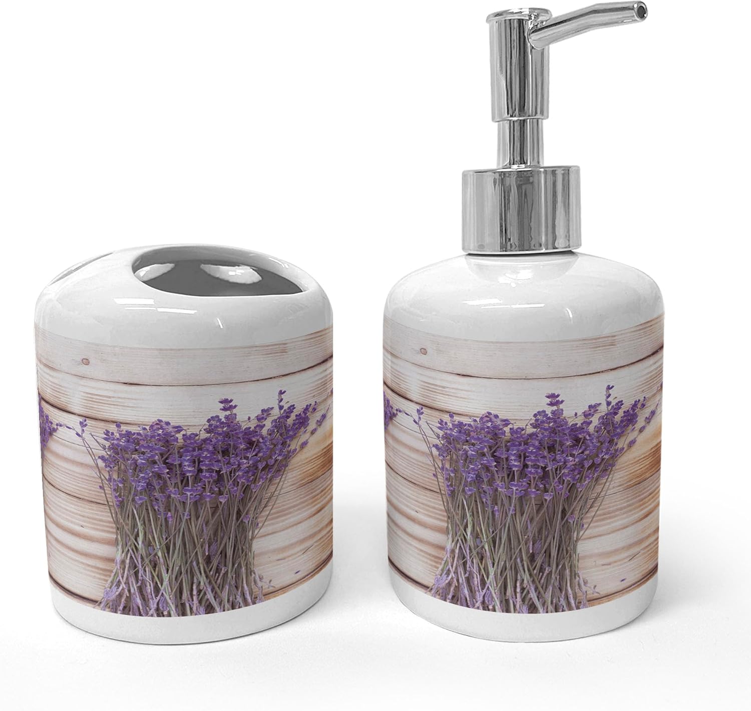 Ambesonne Ceramic Soap Toothbrush Holder Set 2 Pcs Blue Violet and Warm Taupe