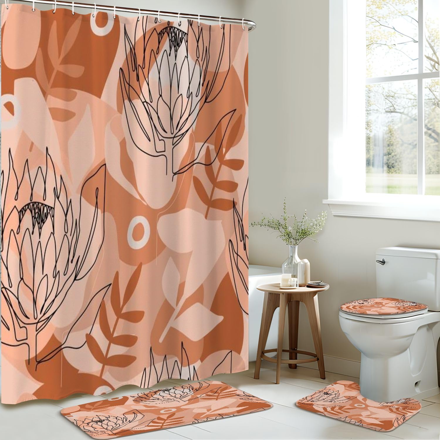 4 Piece Shower Curtain Set with Rugs and Mats Terracotta Pattern