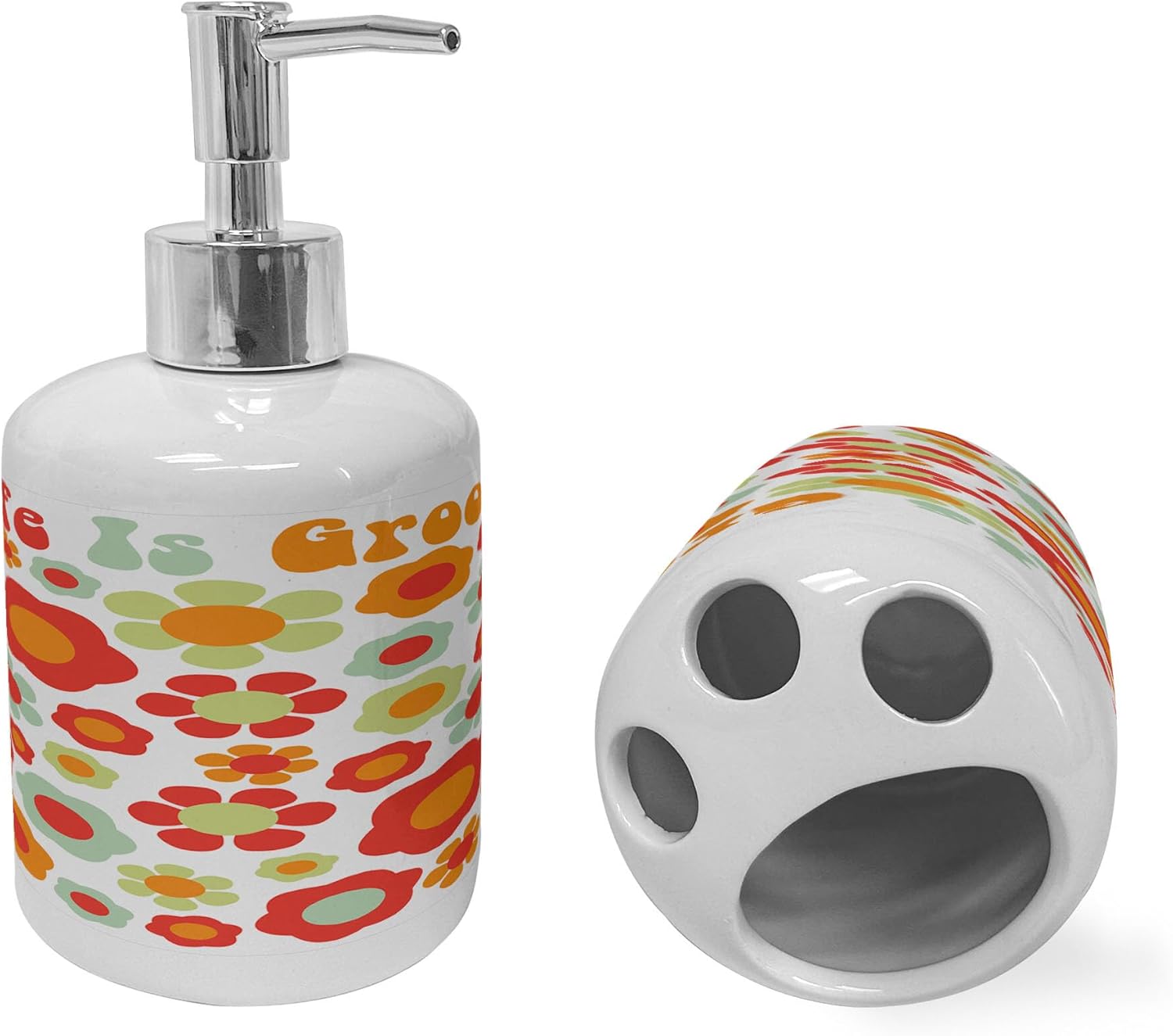 Ambesonne Groovy Soap Toothbrush Holder Set Mint Green Orange Red
