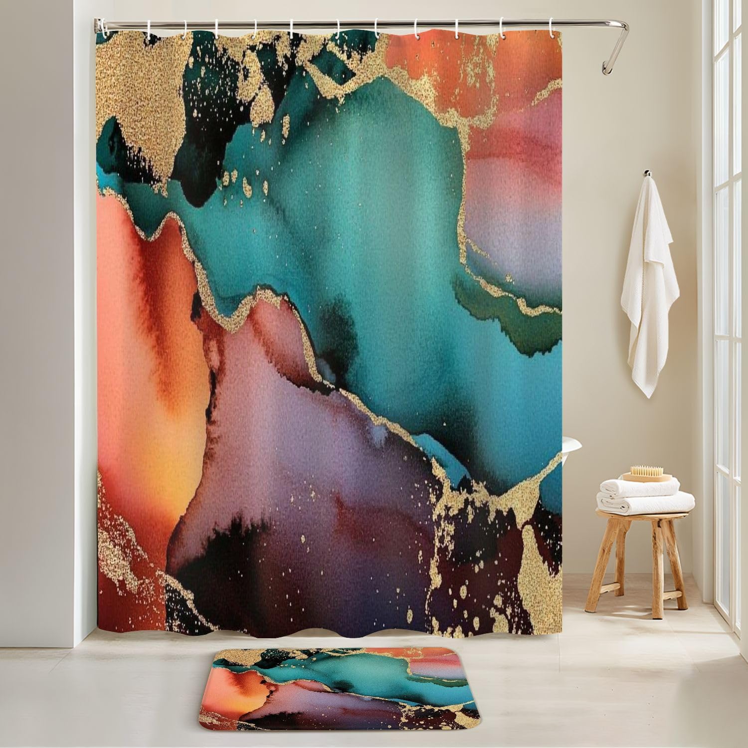 4 Pieces Shower Curtain Set with Rugs and Mat