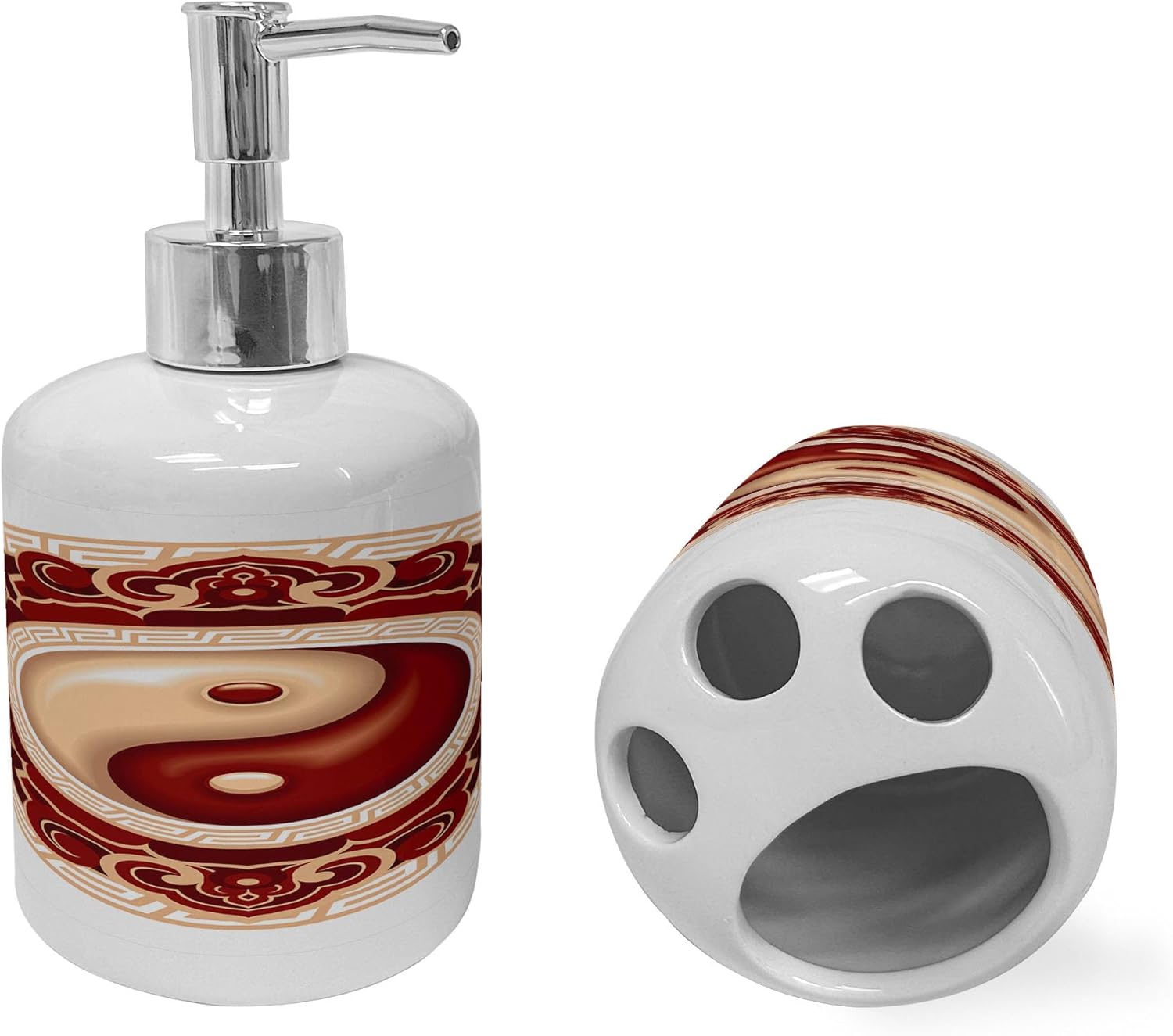 Ambesonne Ying Yang Soap Toothbrush Holder Set 2 Pcs Maroon Cream White