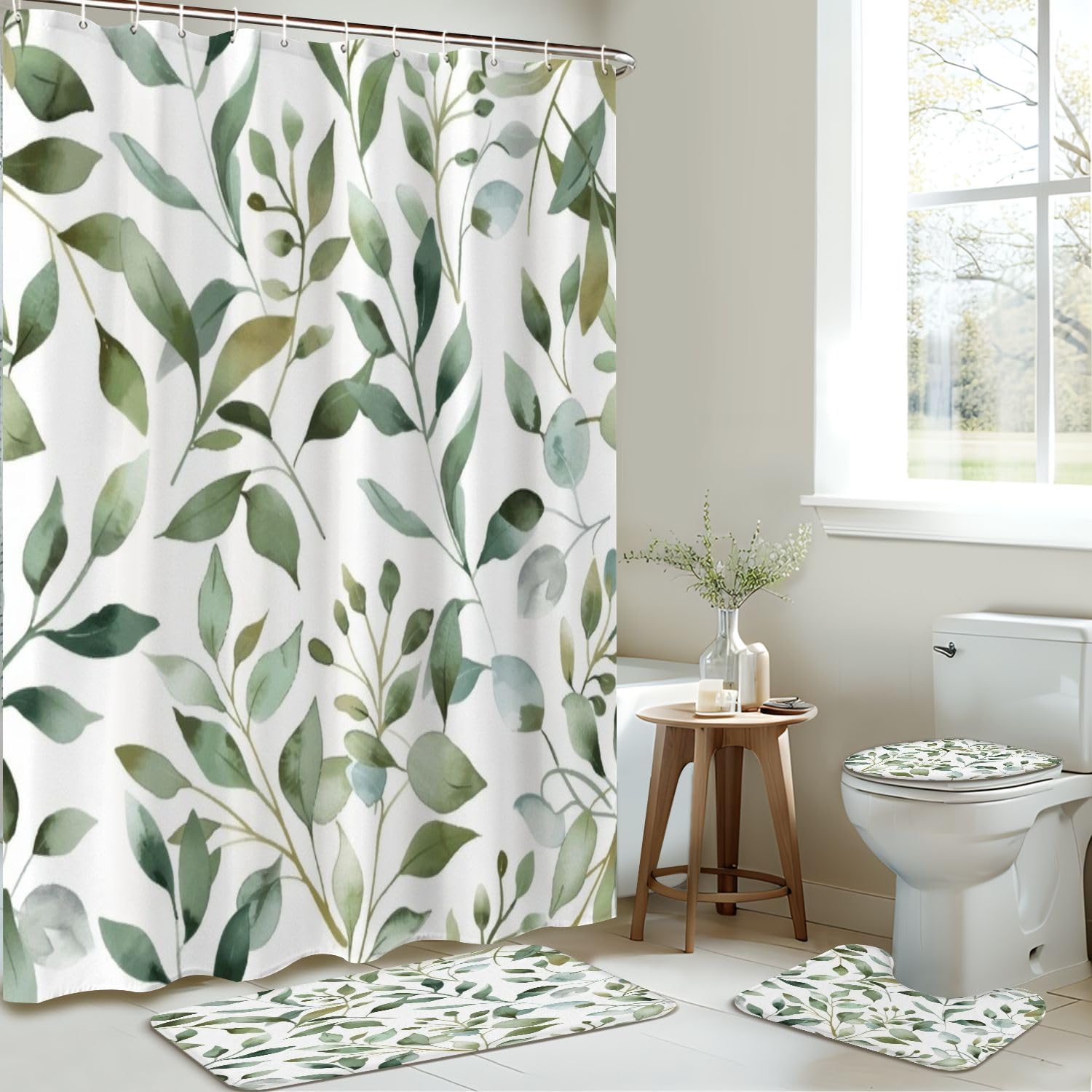 4 Pieces Shower Curtain Set with Rugs and Mats Abstract Flower Design