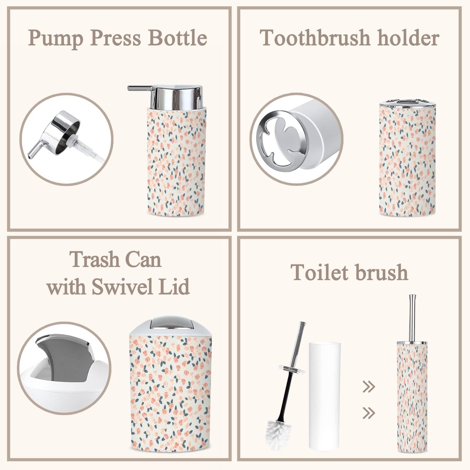 6-Piece Boho Bathroom Accessories Set with Floral Design