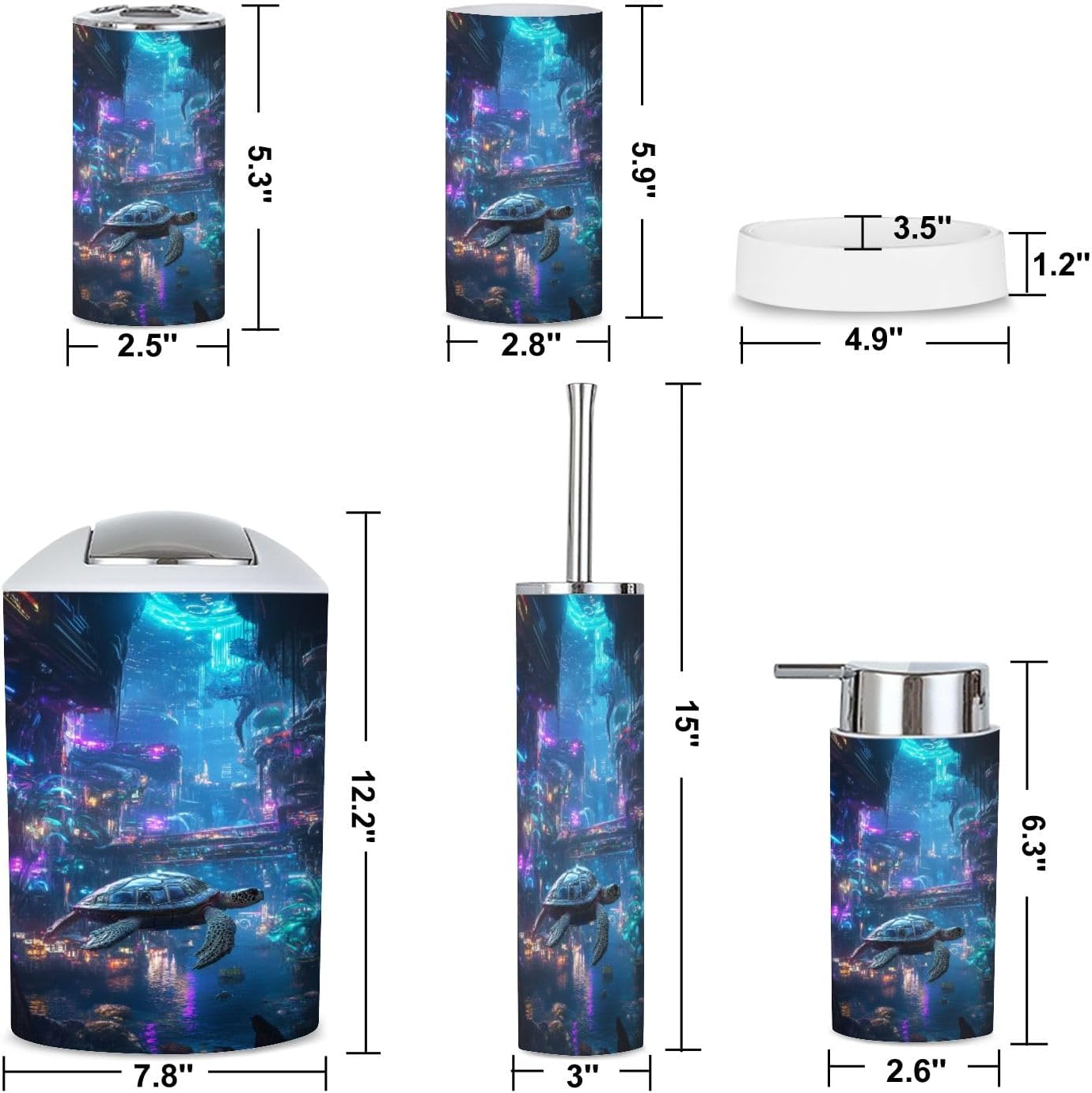 6-Piece Bathroom Accessories Set with Robotic Sea Turtle and Bioluminescent Plants