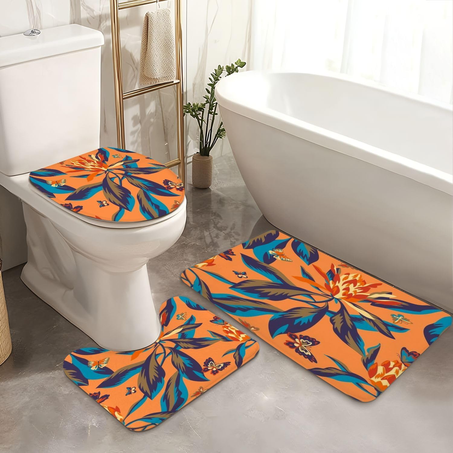 JCOOKLOFTS 4-Piece Shower Curtain Set with Rugs and Toilet Lid Cover