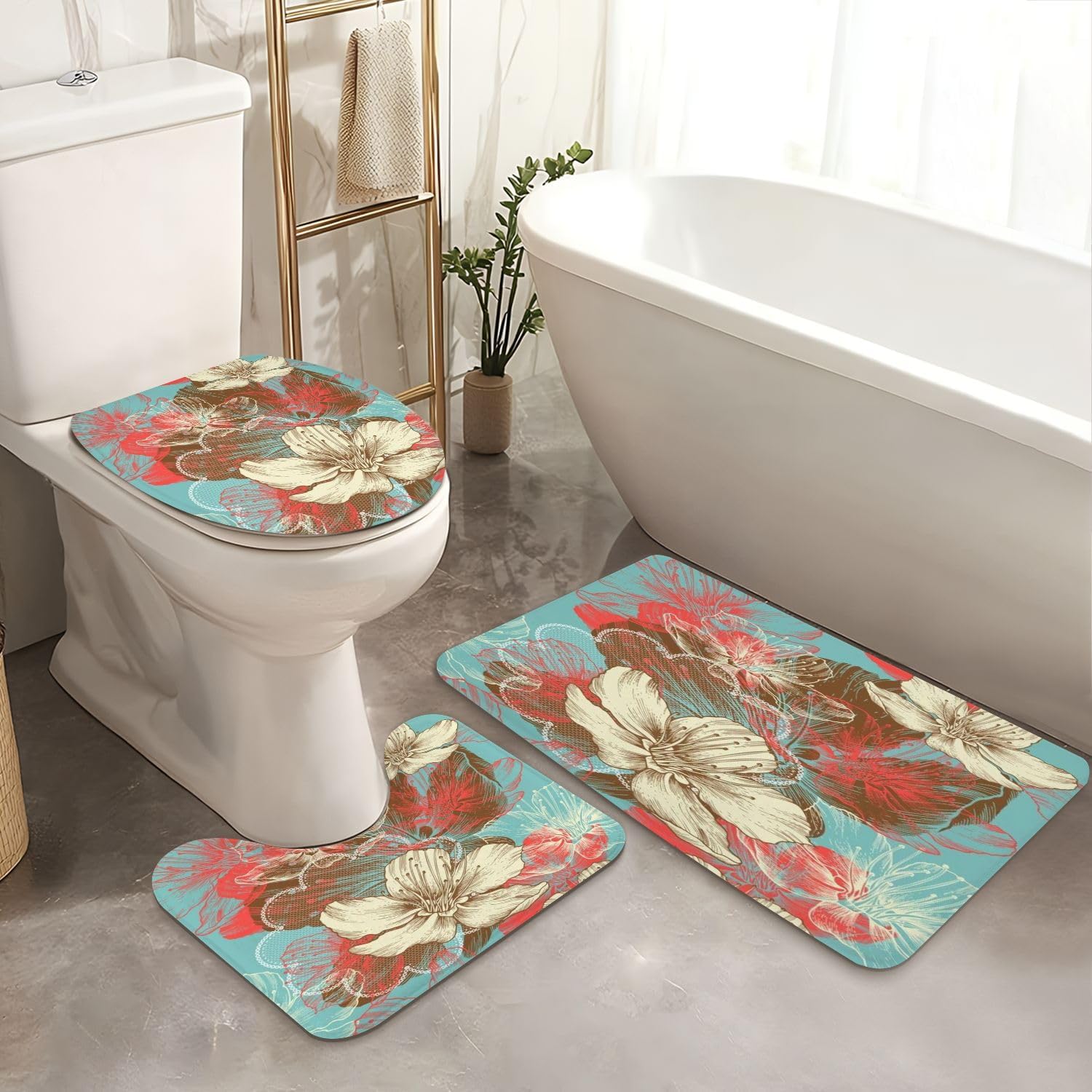 4 Pieces Shower Curtain Set with Non-Slip Rugs