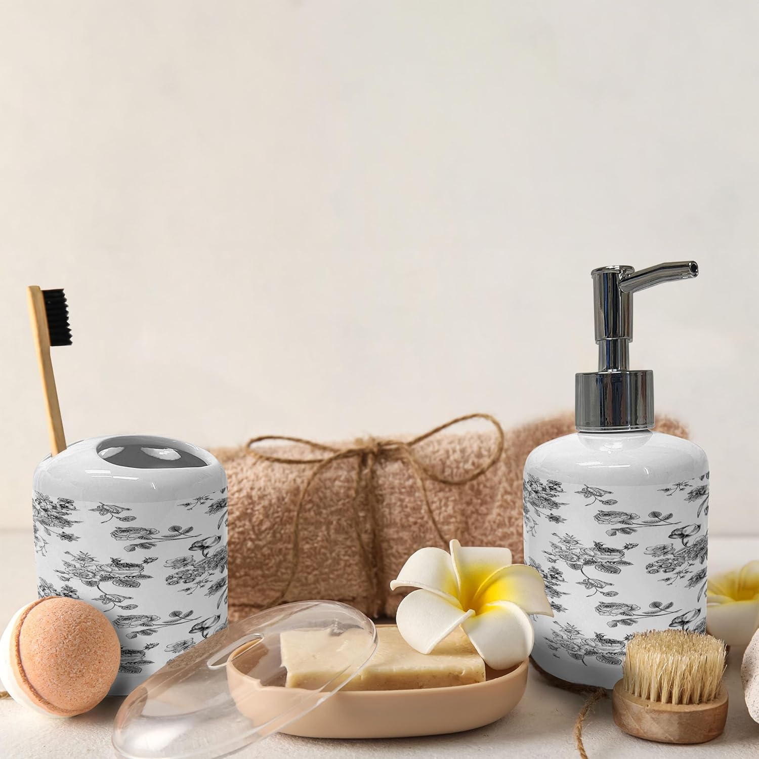 Ambesonne Black and White Soap Dispenser Toothbrush Holder Set 1