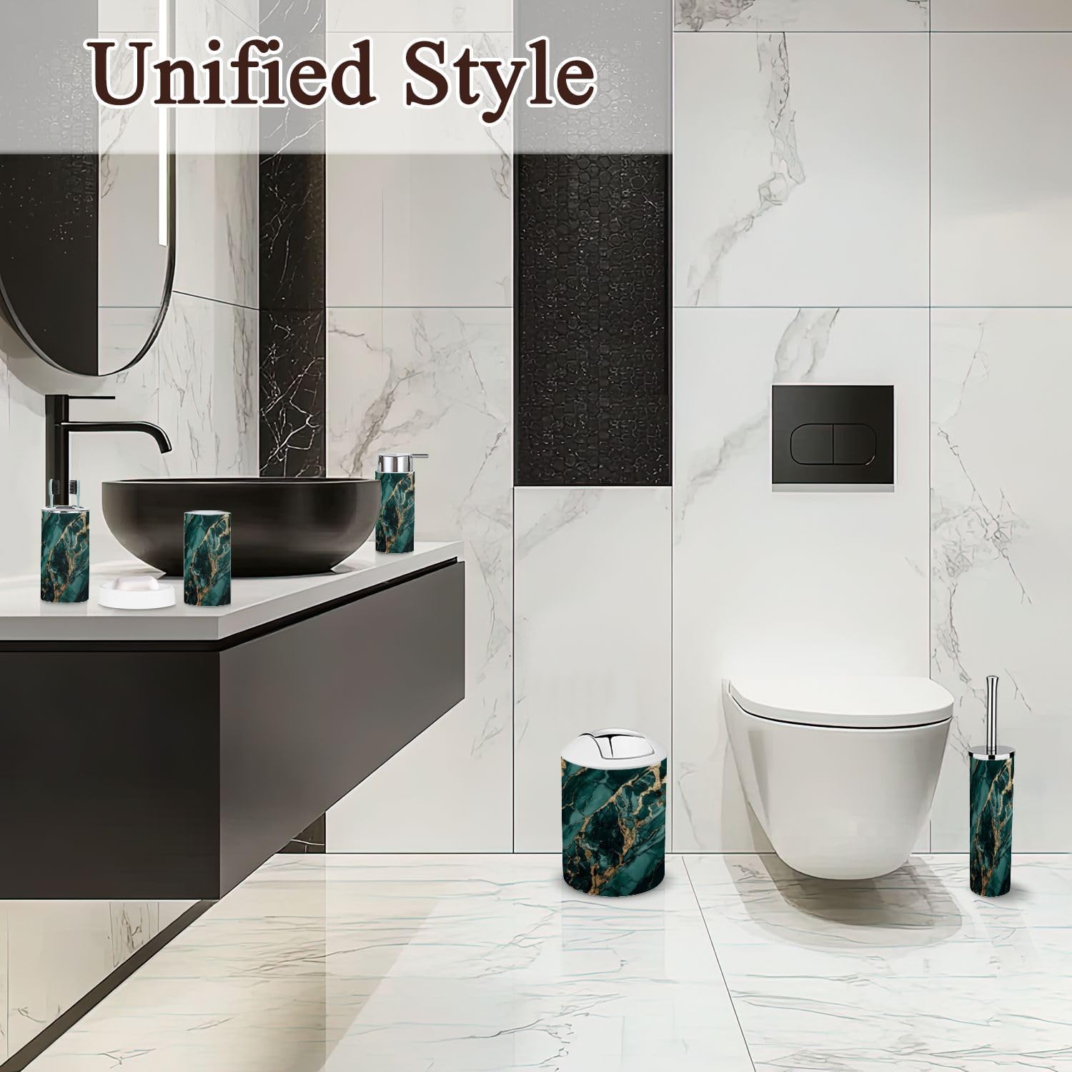 6 Piece Bathroom Accessories Set Green Gold Marble Look 1