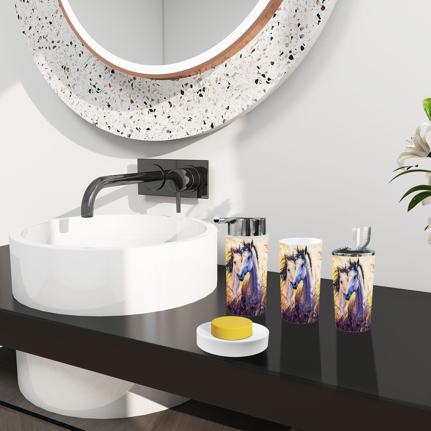 Boho Oil Canvas Horses Bathroom Accessory Set of 6