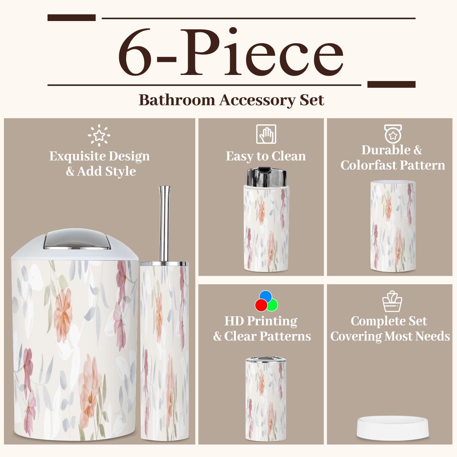 6 Piece Bathroom Accessories Set Minimalist Botanical Wall Art