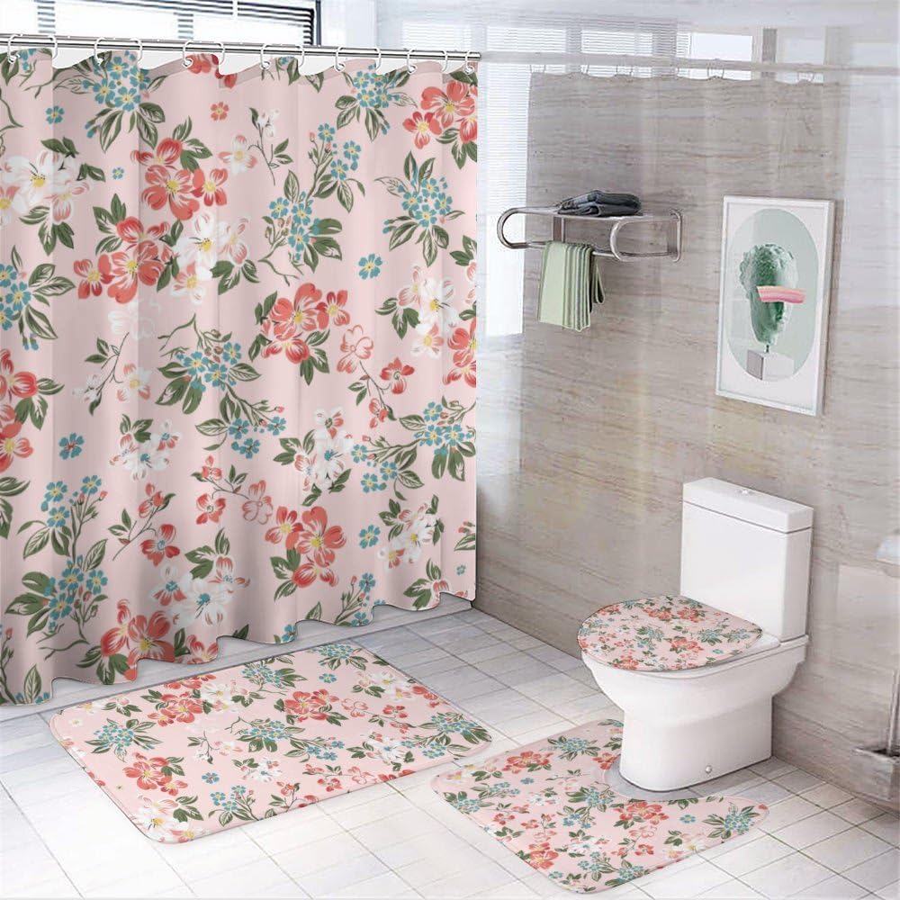 Kuizee 4-Piece Flower Pink Shower Curtain Set with Rugs and 12 Hooks